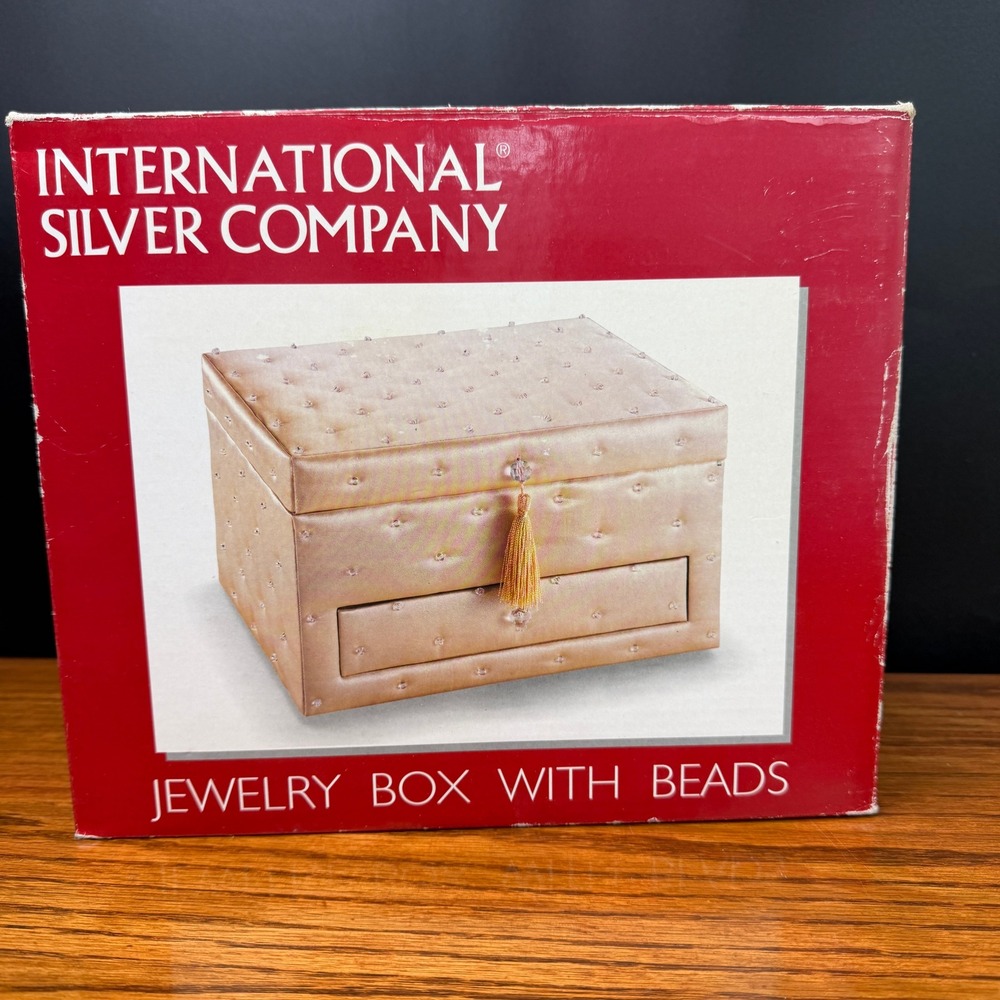 International Silver Company Jewelry Box, Cream Beaded Tassel Fabric Chest NWT